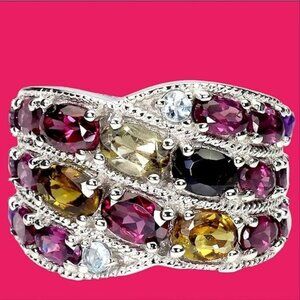 Genuine Tourmaline 6x4mm, Amethyst, Rhodolite 925 Sterling Silver Ring‎ Sz 7.25